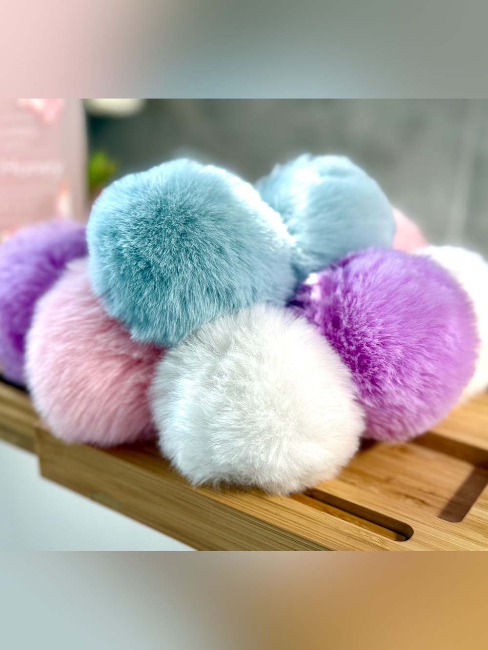 Pastel Faux Fur Pom Pom with Braided Wristlet Strap - Picture 4 of 4